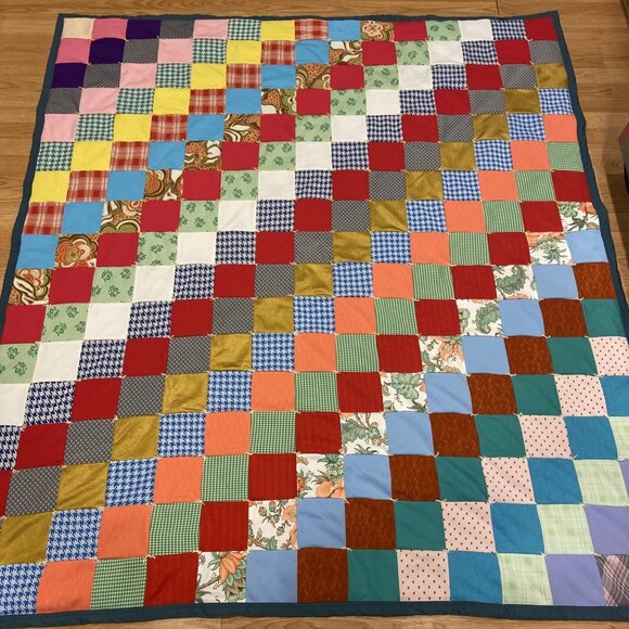 Block Square Quilt Colorful Homemade 73X66 Blanket - Picture 1 of 9